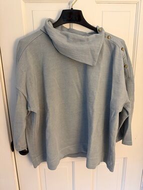 J. Jill Light Blue Button-Shoulder Hooded Sweatshirt